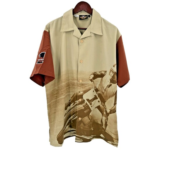 VINTAGE 2003 Harley Davidson Retro Race Team Graphic Print Button Down MEDIUM - Picture 5 of 14